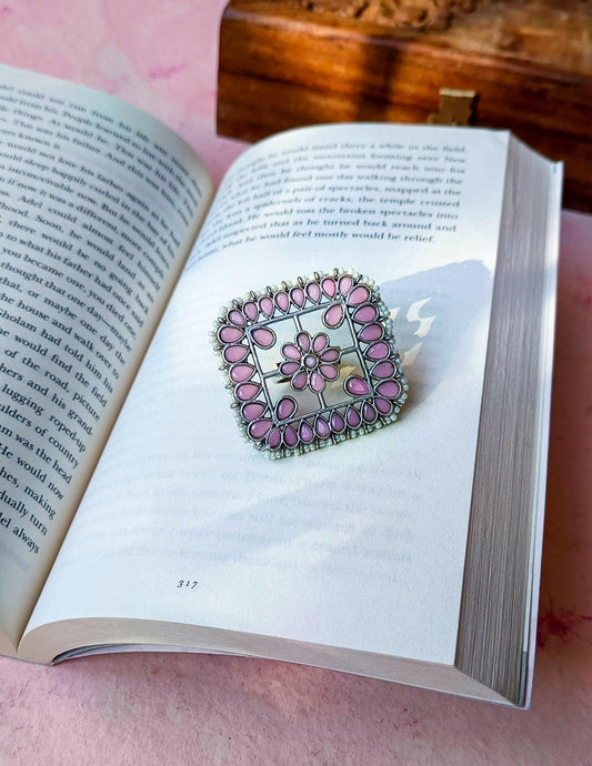 Beaded Pink Stone Square Statement Ring - ZareefJewellery