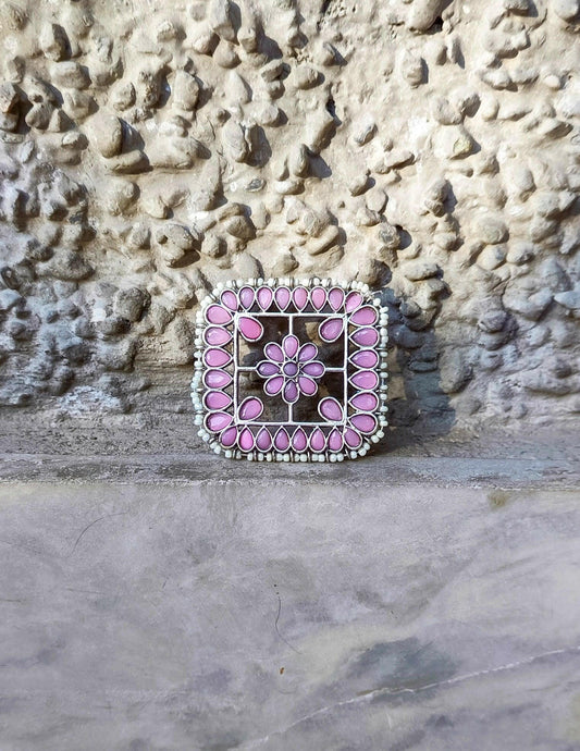 Beaded Pink Stone Square Statement Ring - ZareefJewellery