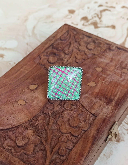 Check Square Parrot Green Statement Ring - ZareefJewellery