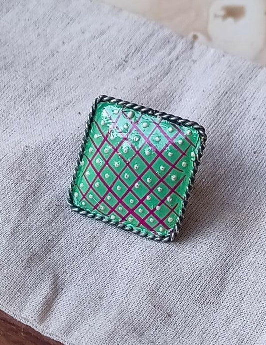 Check Square Parrot Green Statement Ring - ZareefJewellery