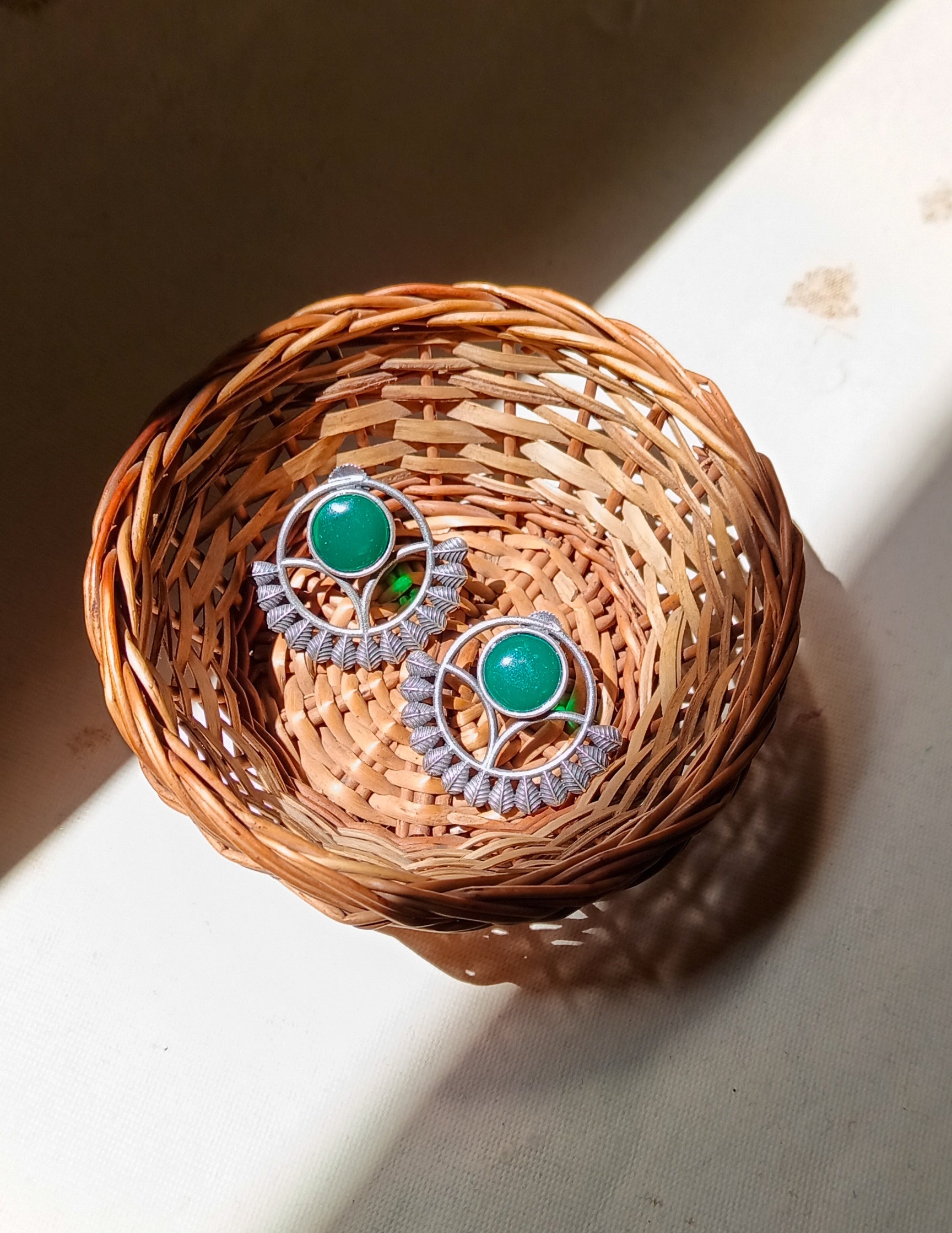 Manal Circle Green Stone Leaf Earrings