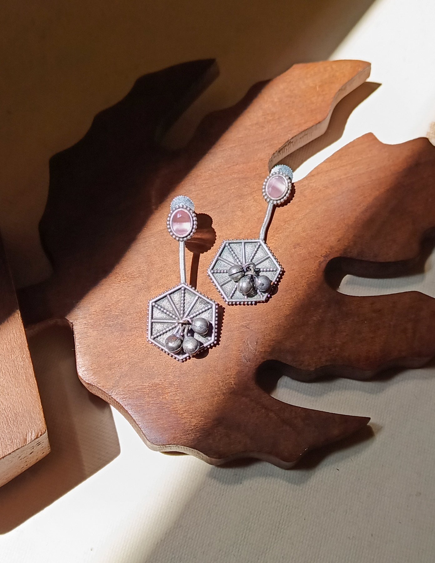 Ayra Hexagon Pink Stone Gungroo Earrings