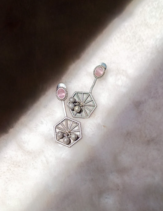 Ayra Hexagon Pink Stone Gungroo Earrings