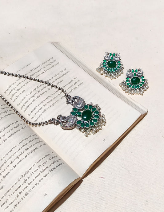 Shifa Green Dual Swan Necklace & Earring Set