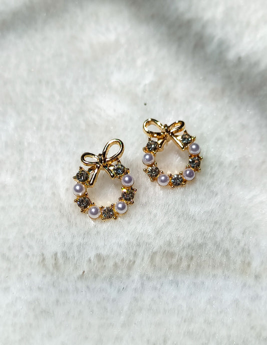 Korean Circle Bow Knot Golden & White Pearl Earring