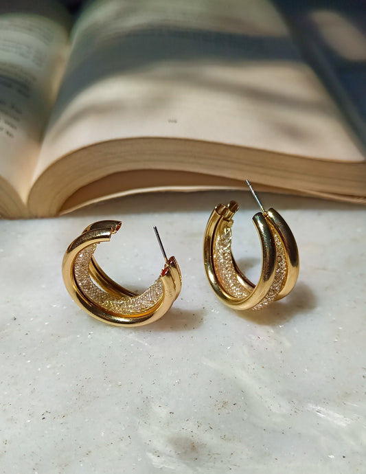 Korean Wide Triple Line Golden Statement Hoops